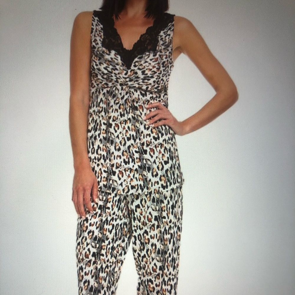 Leopard print lace trimmed Capri pajama set